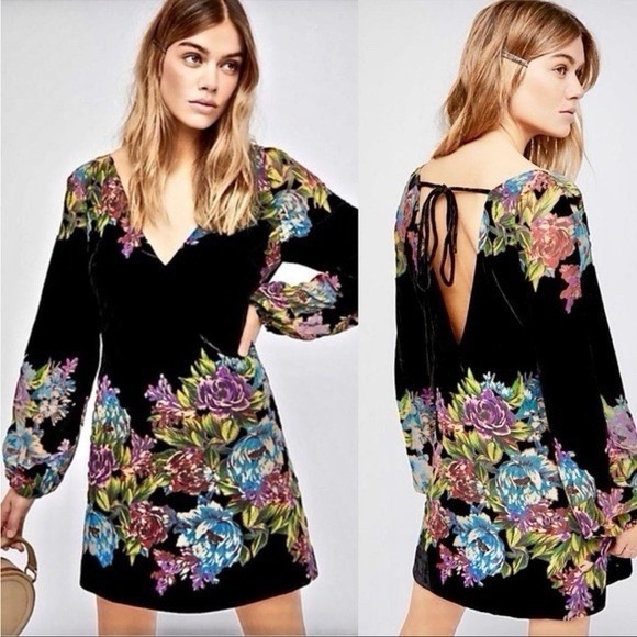Free People Misha Burnout Velvet Dress Black Floral Cottagecore Y2K Women's Sz S - Picture 1 of 8